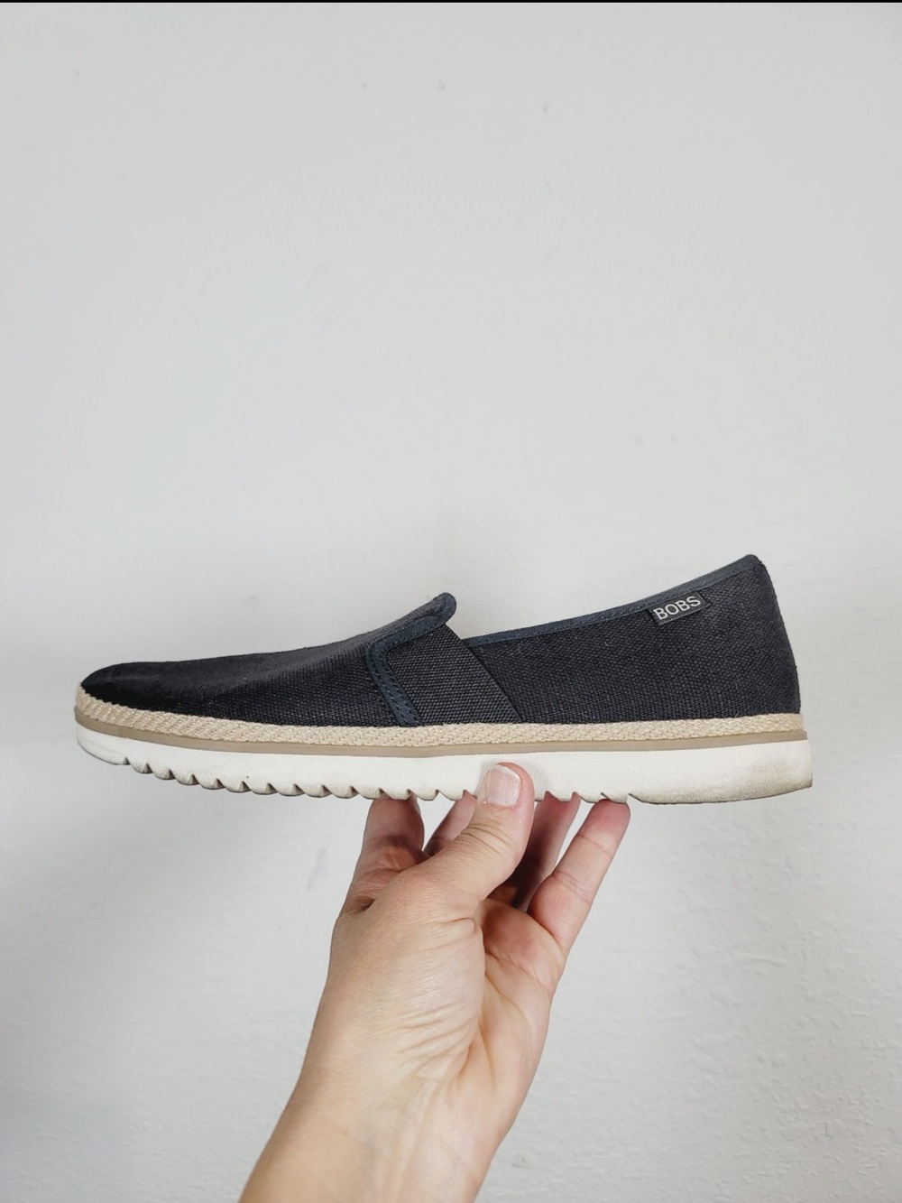 Skechers BOBS Slip-On Canvas Loafer in Black with Cream Trim, Size 10